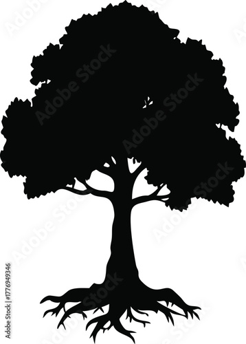 Tree Silhouette with Exposed Roots, Black Vector Graphic for Nature, Growth, and Eco-Themed Designs