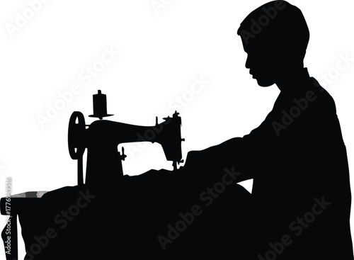 Silhouette of young person sewing with vintage machine, tailoring, garment creation vector illustration