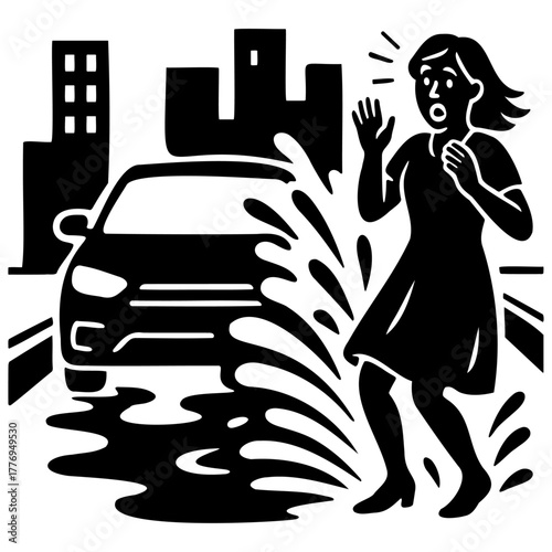 Car Splashing Water on Woman – Rainy Street Scene Vector Illustration