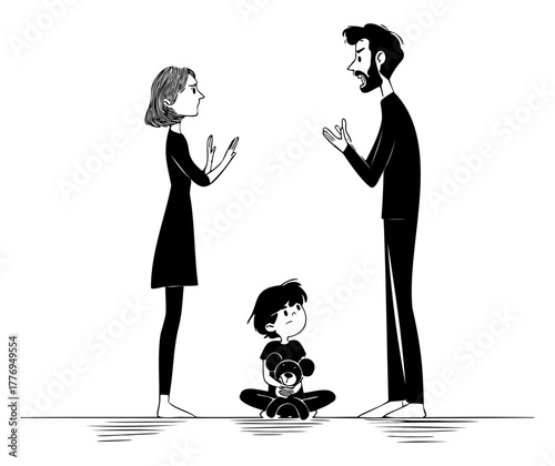 Parents Arguing While Child Sits on Floor – Family Conflict Vector Illustration