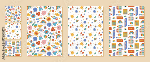 Groovy retro sticker seamless pattern set in colorful y2k style. Funky patch, smiley, rainbow, heart and sunshine shapes blend with music elements on bright backgrounds. Modern and playful look for