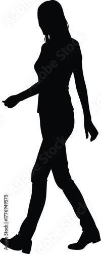 Silhouette of Young Woman Walking, Casual Female Profile Vector Illustration in Black