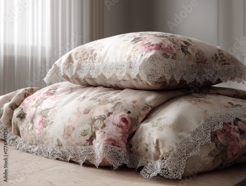 Floral bedding with lace trim creates a soft, dreamy ambiance. Delicate pink roses on cream-colored fabric evoke a sense of serenity and comfort.