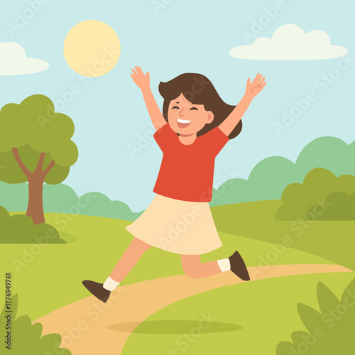 Happy girl jumping with joy in park, arms raised, sunny day, flat vector illustration