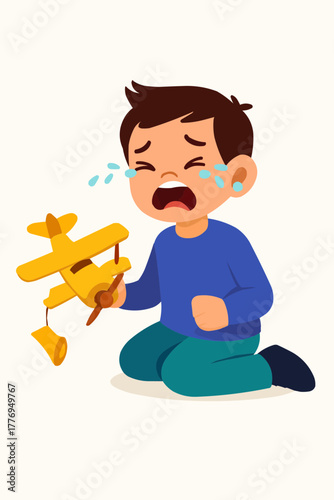 Boy crying with broken toy in hand, sitting on floor, flat vector illustration