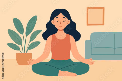 Girl meditating with closed eyes in quiet room, peaceful expression, flat vector