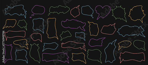 Chalk contour speech bubble set with sketchy crayon outline. Organic squiggle balloon and round or rectangle pack create abstract message elements. Ideal for modern communication or playful note