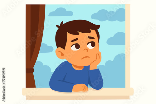 Boy daydreaming at window with thoughtful look, cloudy sky, flat vector style
