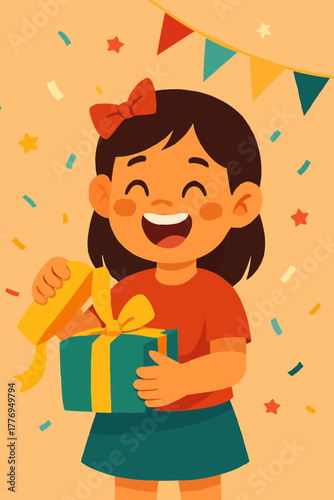 Girl expressing excitement while opening gift box, festive background, flat vector