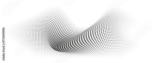 Flowing Wave Dot Halftone Pattern: Curve Gradient Shape on Transparent Background. Suitable for AI, Tech, Network, Digital, Science, and Technology Themes.