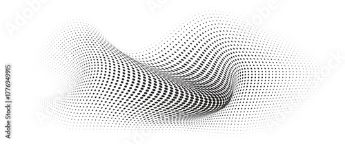 Flowing Wave Dot Halftone Pattern: Curve Gradient Shape on Transparent Background. Suitable for AI, Tech, Network, Digital, Science, and Technology Themes.
