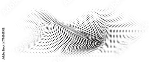 Flowing Wave Dot Halftone Pattern: Curve Gradient Shape on Transparent Background. Suitable for AI, Tech, Network, Digital, Science, and Technology Themes.
