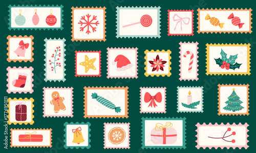 Set of Christmas postage stamps, mail postmark. Xmas celebration. Winter holiday postage stickers. Hand drawn Christmas tree, Santa hat, Snowflake, gingerbread, baubles, candy. Vector Illustrations