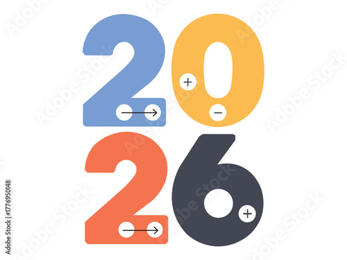 Colorful graphic of the year 2026 with plus and minus signs isolated on white background