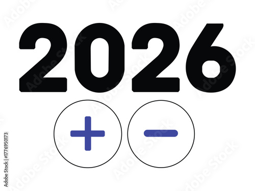 Illustration of the year 2026 with plus and minus signs isolated on white background