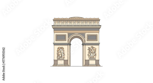 Arc de Triomphe replica featuring stonecolored pillars and decorative carvings on a white background