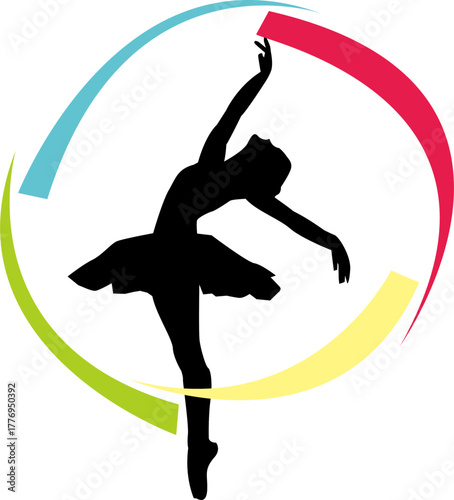 Silhouette of a graceful ballerina dancing with colorful abstract curves in the background.