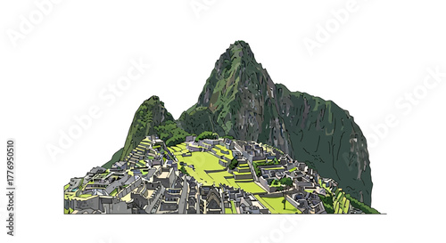 Machu Picchu illustration showcases ancient ruins nestled within lush rugged mountains