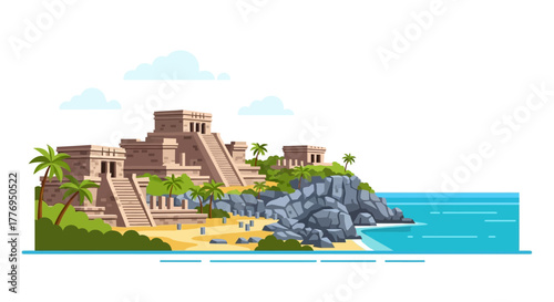 Mayan ruins stand atop a cliffside beach with palm trees facing turquoise waters under a cloudy sky