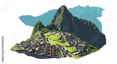 Machu Picchu ruins in mountains green terraced fields stone structures