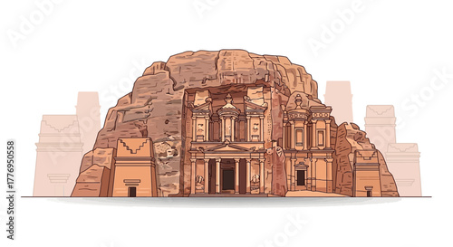 Petras iconic Treasury a rockcut façade set in a canyon is rendered in a cartoon style