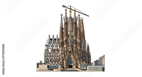 Sagrada Familia vector illustration featuring the iconic towers and construction crane against a white background