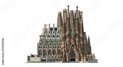 Sagrada Família illustration ornate towering church with spires intricate facades  green details against a white background