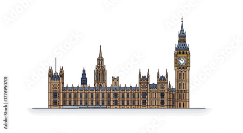 The Palace of Westminster featuring Big Ben is depicted with brown walls and blue rooftops