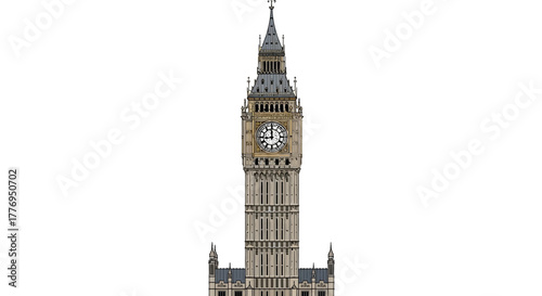 Towering Big Ben stands tall against a white background showcasing intricate architecture and a prominent clock face