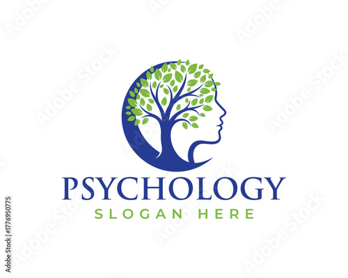 Psychology logo with a tree growing from a human head silhouette, isolated on white background