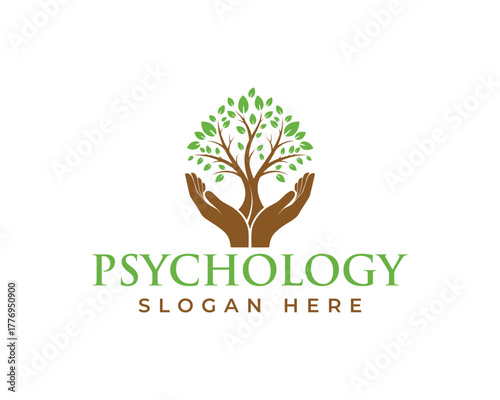 Psychology logo with hands holding a tree, isolated on white background
