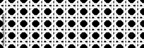 Rattan pattern on black background. Horizontal rattan decoration pattern. Black and white geometric woven pattern.