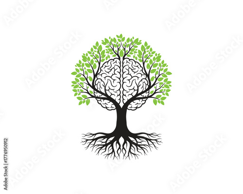 Psychology logo with a brain tree, isolated on white background