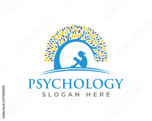 Psychology logo with a silhouette of a person reading under a tree, isolated on white background