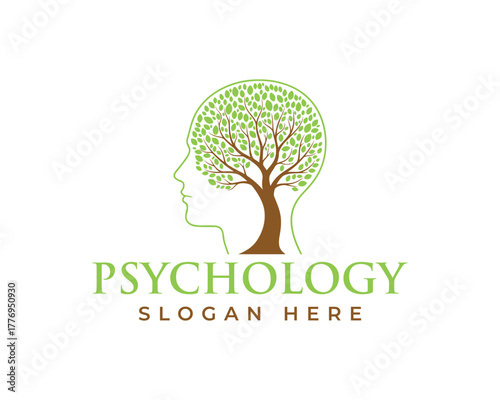Psychology logo featuring a human head profile with a tree growing inside, isolated on white background