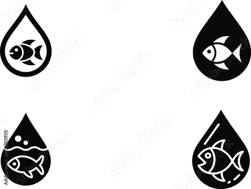 Fish and Water Drop Icon Set - Save Water, Aquaculture, and Seafood Symbolism