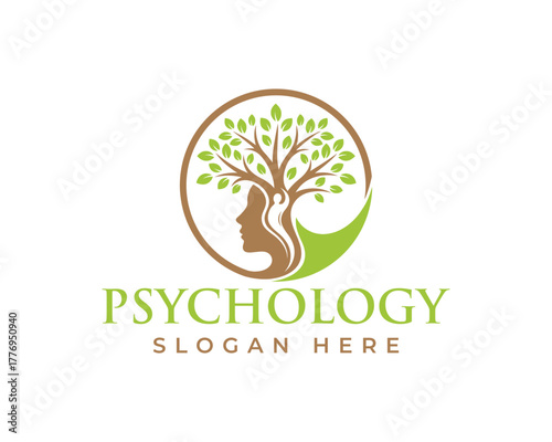 Psychology logo with a circular design showing a human profile and a tree, isolated on white background
