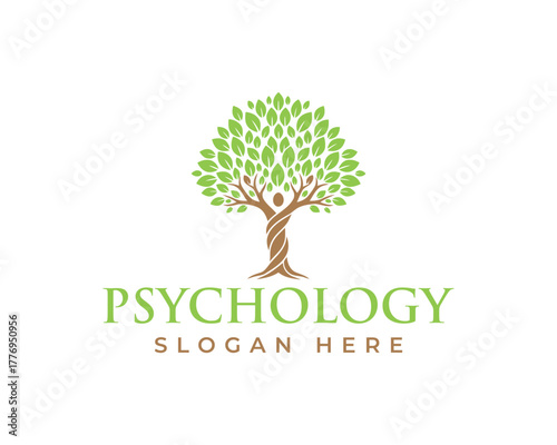 Psychology logo with a tree and human figure, isolated on white background