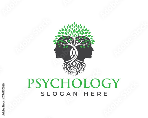 Psychology logo with two human heads forming a tree, isolated on white background