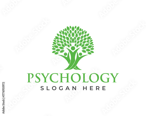 Psychology logo with a tree and multiple human figures, isolated on white background