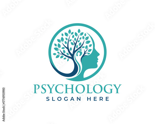 Teal abstract tree logo in a circle with a womans profile and the word psychology, isolated on white background