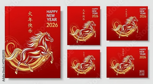 Vibrant chinese new year 2026 cards with golden horse designs