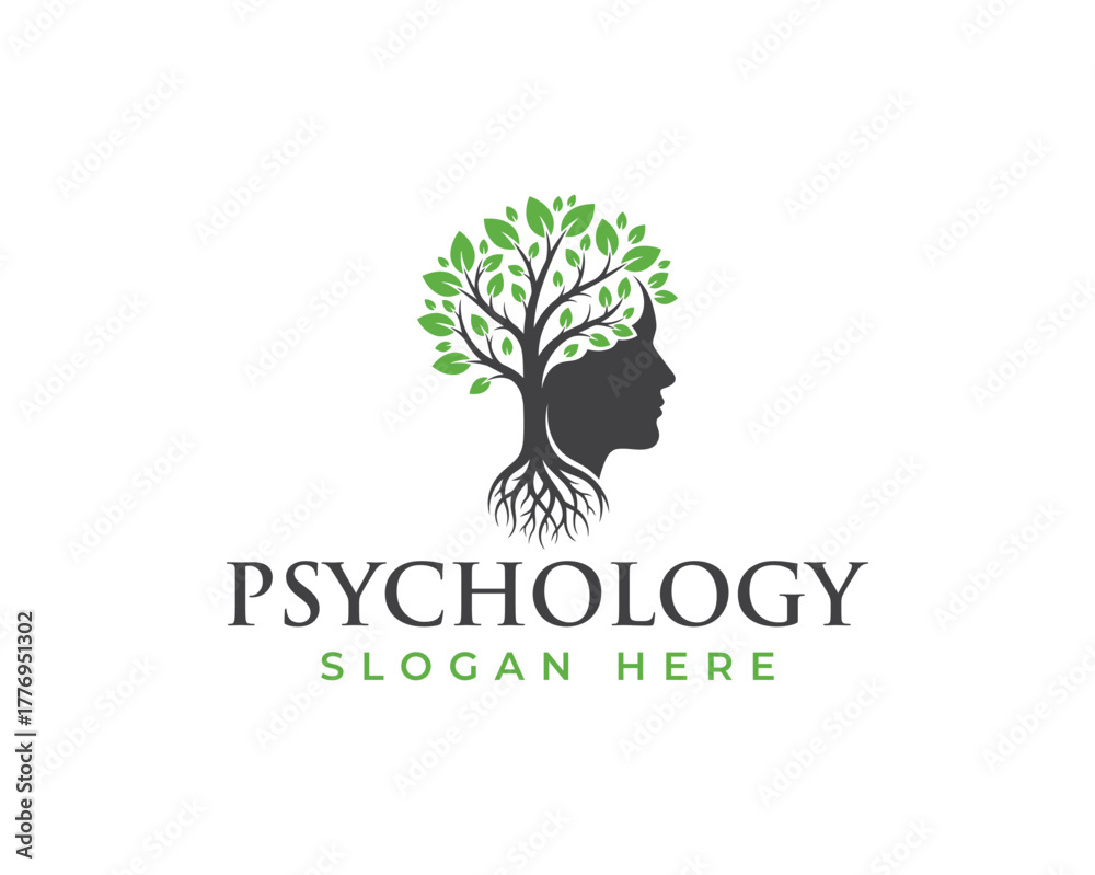 Obraz premium Psychology logo with a human head silhouette and a tree growing inside, isolated on a white background