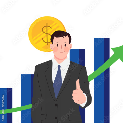 Business Success Man with Chart and Dollar Coin