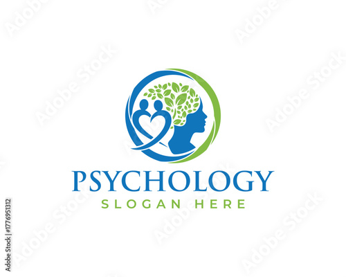 Psychology logo with human head silhouette and heart shape, isolated on white background