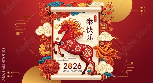 Vibrant chinese new year 2026 celebration with horse and floral design