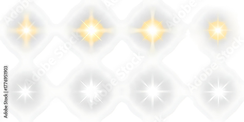 Abstract glowing white organic shapes with bright yellow starbursts arranged in a repeating pattern isolated on transparent background