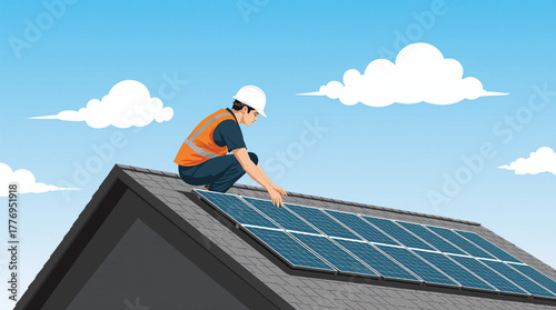 Worker installs solar panels on a rooftop under a cloudy blue sky
