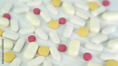 Assorted colorful pills and capsules, vitamin food supplements drugs Medicine softgel medical