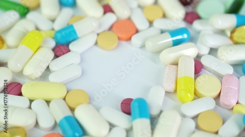 Assorted colorful pills and capsules, vitamin food supplements drugs Medicine softgel medical